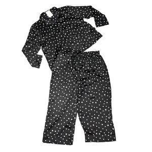 Tamsy Pajama Set Womens XL Extra Large Black Pink Star Satin Button Shirt Pants
